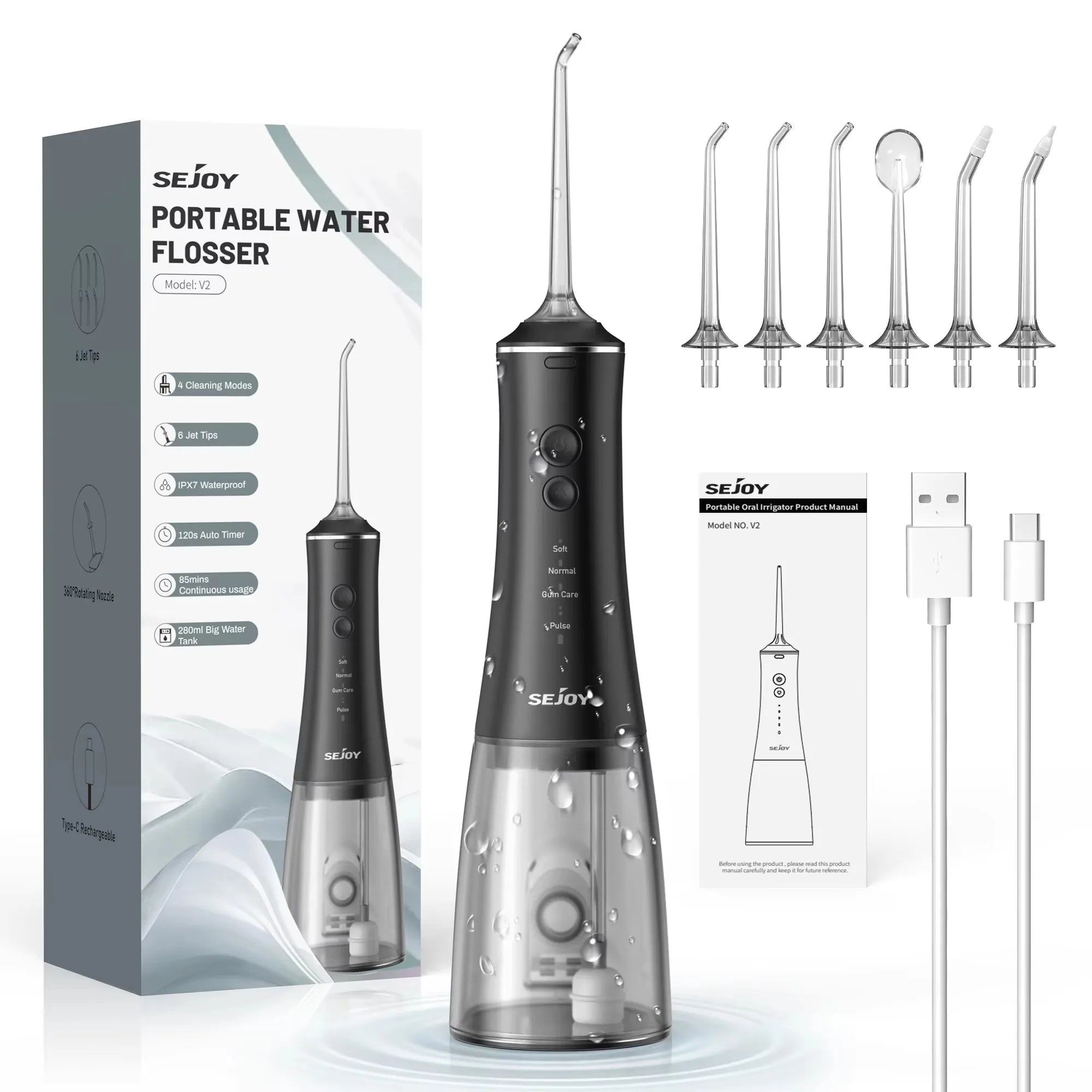Sejoy dental irrigador oral água flosser rosca dentes escolher boca máquina de lavar 4 bocais 4 modos magnético recarregável