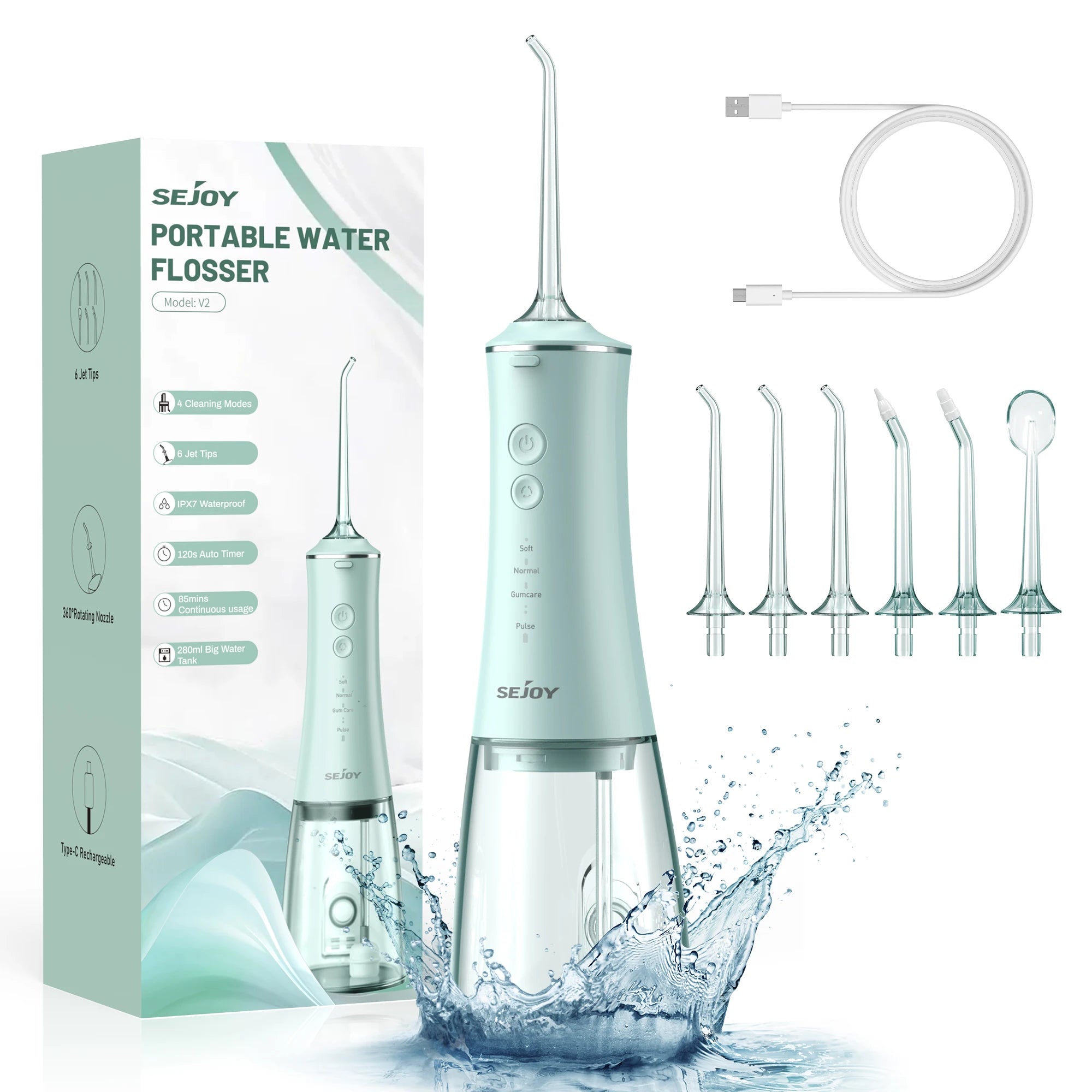 Sejoy dental irrigador oral água flosser rosca dentes escolher boca máquina de lavar 4 bocais 4 modos magnético recarregável