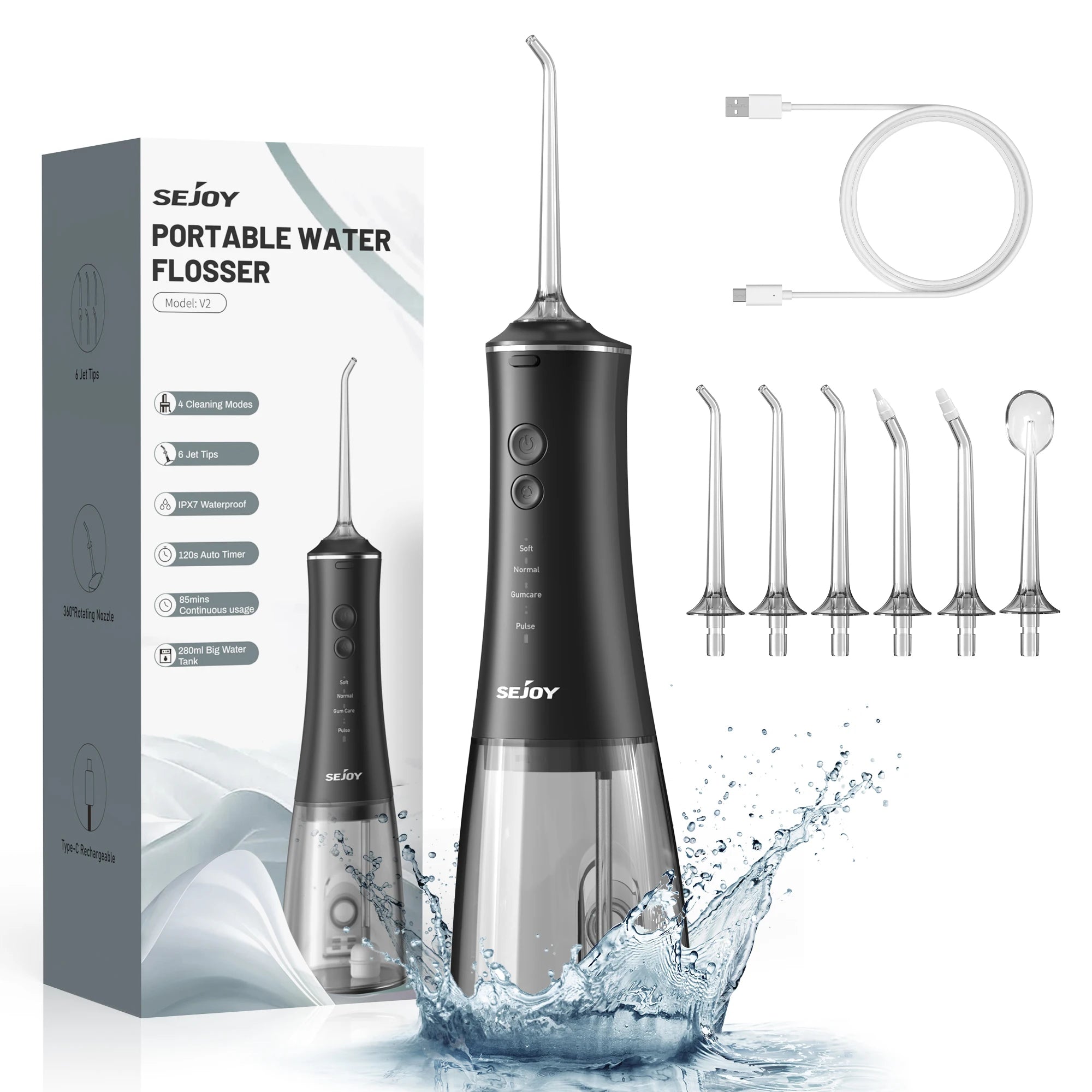 Sejoy dental irrigador oral água flosser rosca dentes escolher boca máquina de lavar 4 bocais 4 modos magnético recarregável